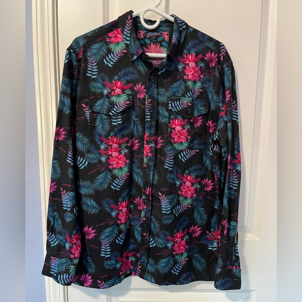 Retro Rifle Tropics Mens Long Sleeve Button Down Flannel Size Medium